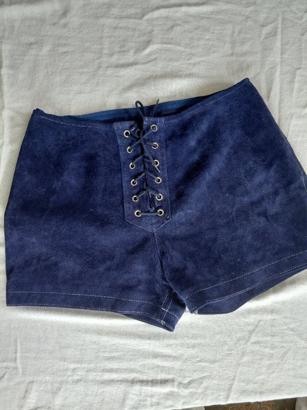 Vintage 60s 70s REAL Blue Suede Lace Up Hot Pants Grommet Shorts